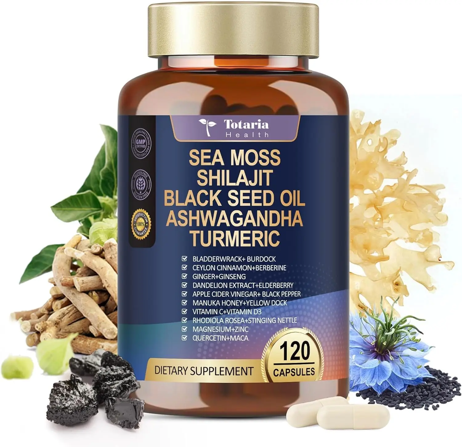 Totaria Health 25-in-1 Sea Moss Capsules with Black Seed Oil Ashwagandha Ginger Shilajit Supplement 18525mg for Immune Gut & Energy 120 Capsules,travel essentials