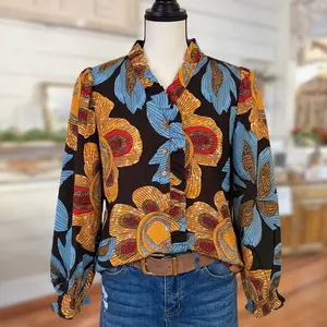 SageVell Women's Vibrant Floral Printed Blouse Fitted Long Sleeve Top with Ruffled Classic Viscose Crewneck Medium Length Multicolor SpringStatements