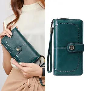Women's Vintage PU Leather Long Wallet with Wristband, Multi-card Slot Long Clutch Purse with Flower Buckle, RFID Blocking Long Wallet for Daily Use