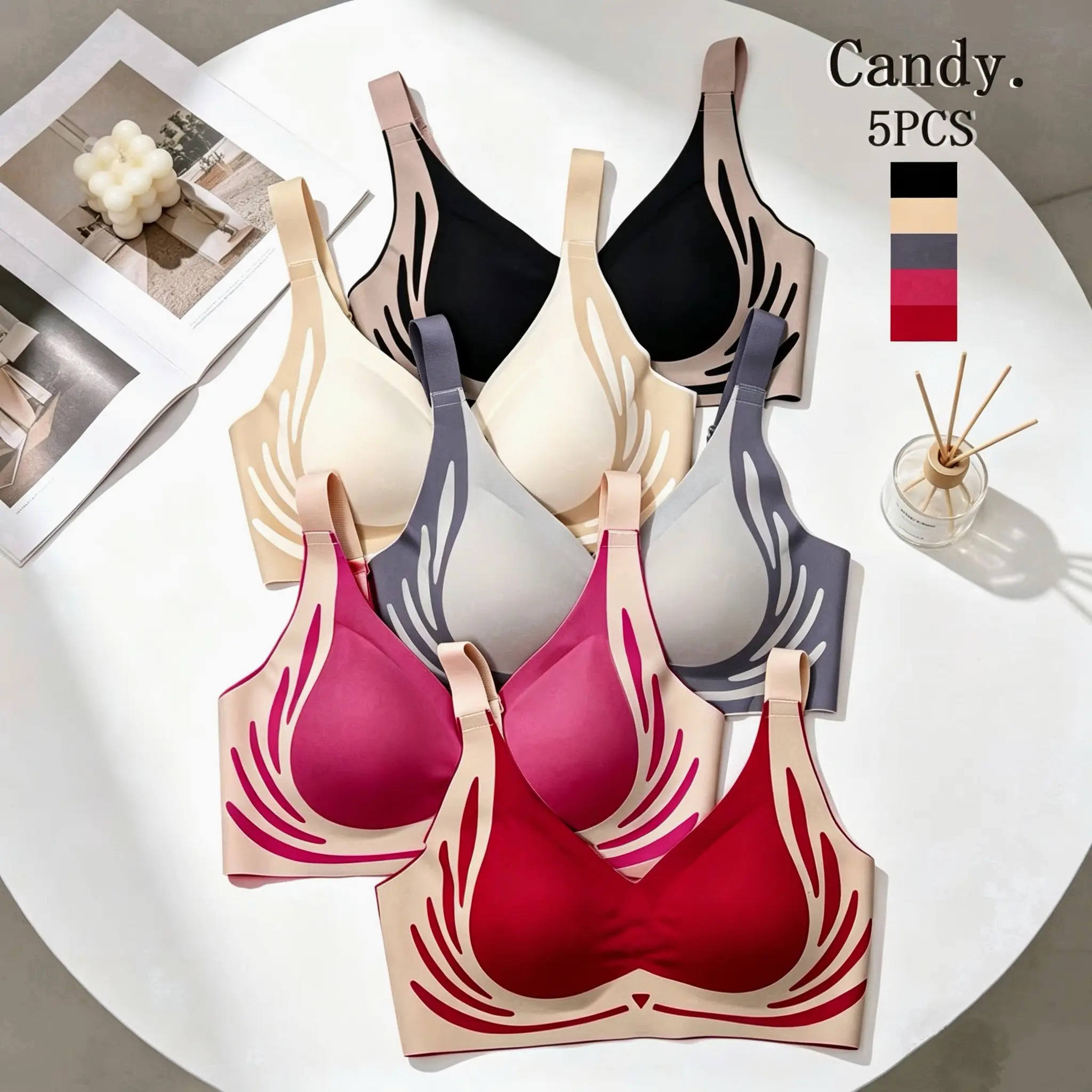 5-Pack Women's Colorful Panelled Adjustable Strap Bra, Soft and Comfortable Breathable Bra for All Seasons, Women's Lingerie