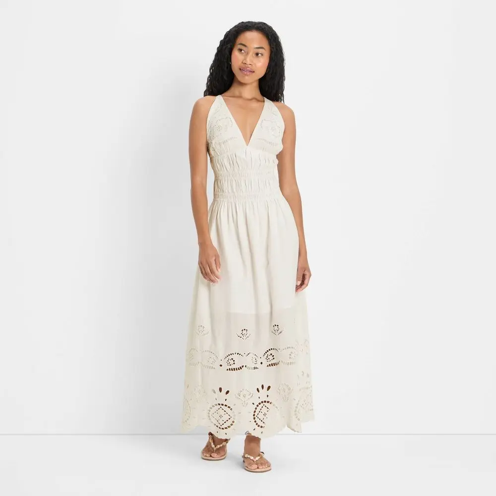 Women's Casual Pullover Eyelet A-Line Maxi Dress - Viscose-Cotton Blend, Adjustable Elastic Waist, Elegant Chic Future Collective Cream, XL