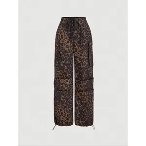 Women's Leopard Print Cargo Pants, Loose Fit Straight Leg, Casual Sporty Style for All Seasons, Perfect for Daily Wear & Festive