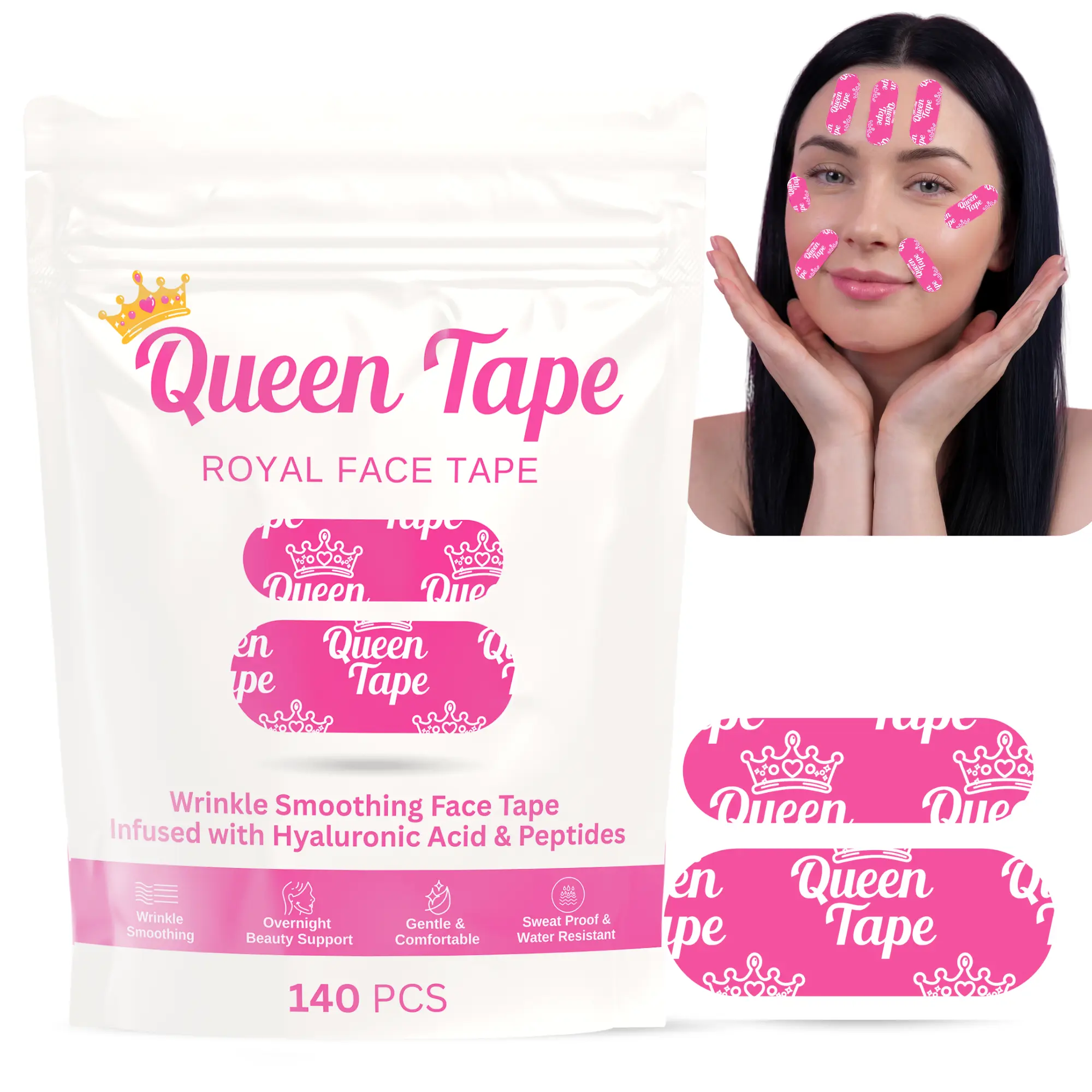 Queen Royal Face Tape - Wrinkle Smoothing Tape - Anti Wrinkle Patches for Women -Infused with Peptides & Hyaluronic Acid 192 Pre-Cut Overnight Skincare for Anti-Aging - Smooth Forehead, 11's Crows Feet, Smile Lines - Hypoallergenic, Skin Safe, Comfortable
