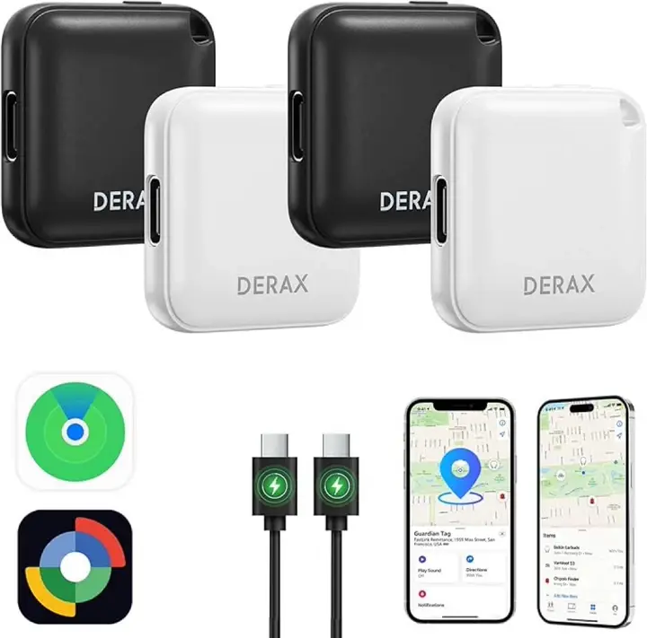 DERAX Rechargeable Bluetooth GPS Tracker 4-Pack (Black & White) - Portable Clip-On Phone Key GPS Tracker, Anti-Lost Tag, Item Finder for Keys/Wallet, Compatible with iOS, Android & Find My App, Gps Trackers sohochic