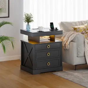 Dystler Nightstand with Gun Drawers, LED Farmhouse Night Stand with Charging Station, Smart End Table with 3 Color Auto Light, Bedside tabel with Hidden Compartment for Bedroom Furniture