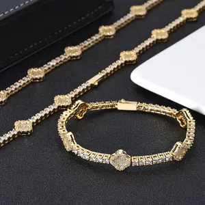 Hip Hop Spring Buckle Zircon Tennis Chain Four Leaf Flower Unisex Bracelet and necklace Jewelry Cubanchain