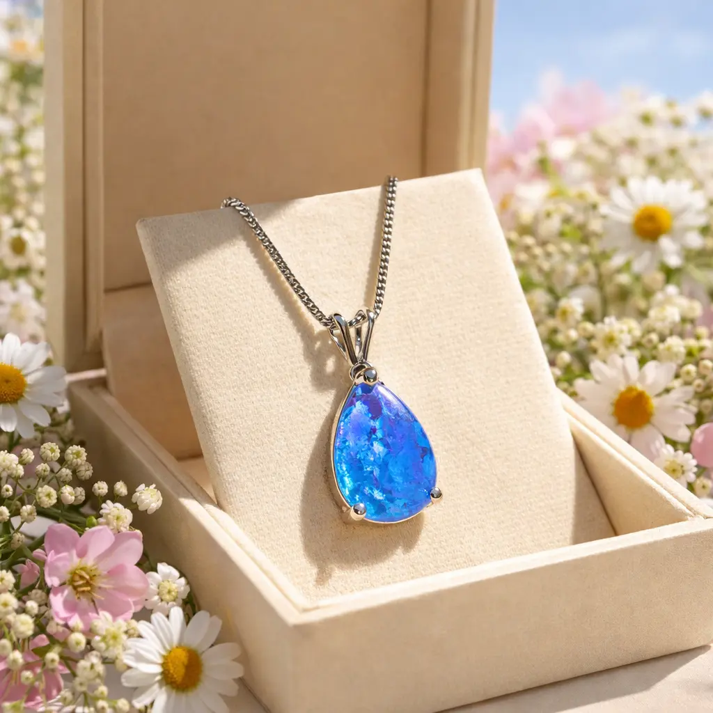 Women's Blue Opal Teardrop Unique Design Pendant Crystal Healing Gemstone Necklace, Heartfelt Gift Jewelry
