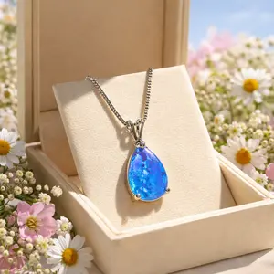 Blue Opal Teardrop Pendant Crystal Necklace Women Healing Energy Stone Jewelry