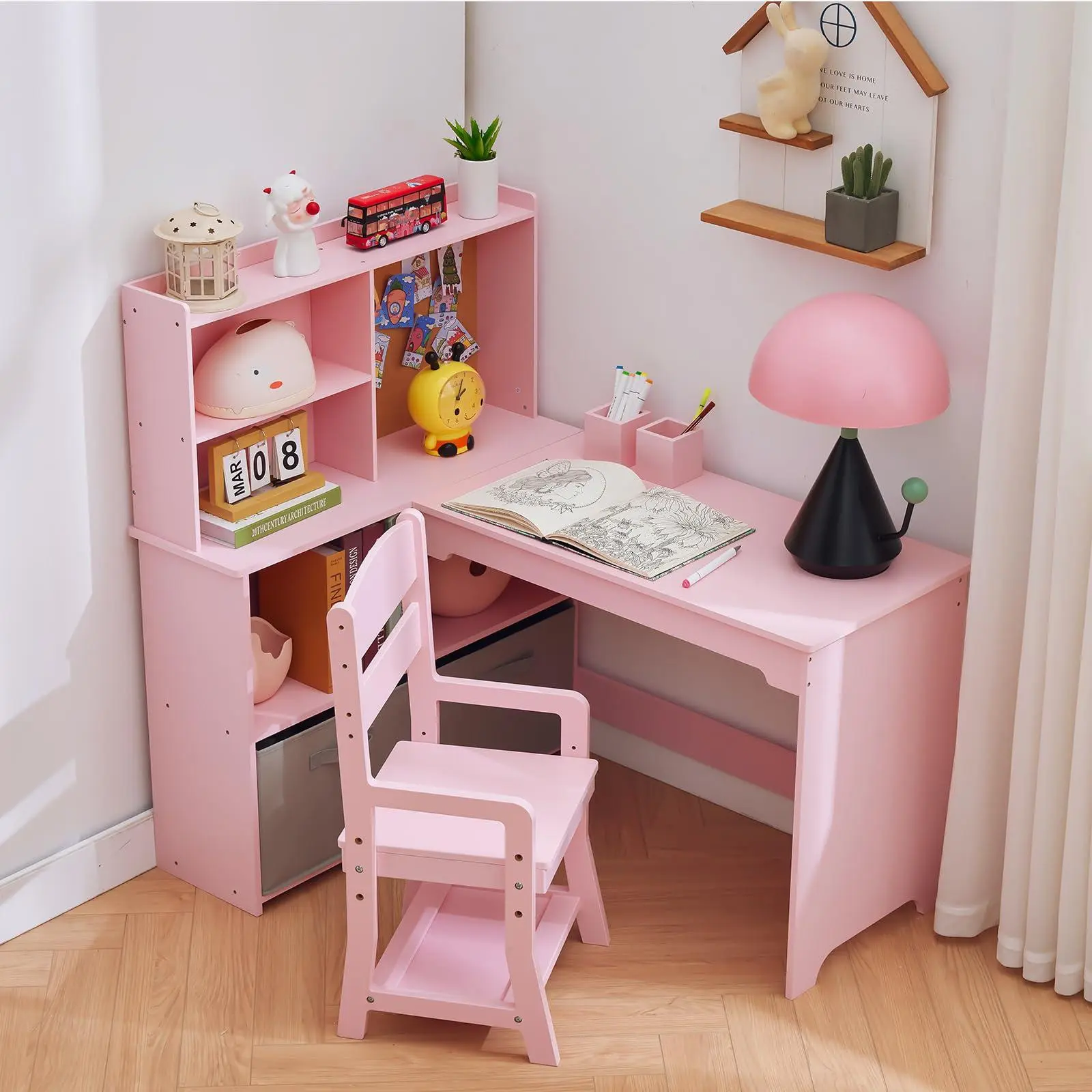 Pink Kids Corner Desk, Desk and Chair Set for Children, L Shape Kids Study Table - Features Bulletin Board Open Shelves & Storage Cabinets and Cloth Drawers