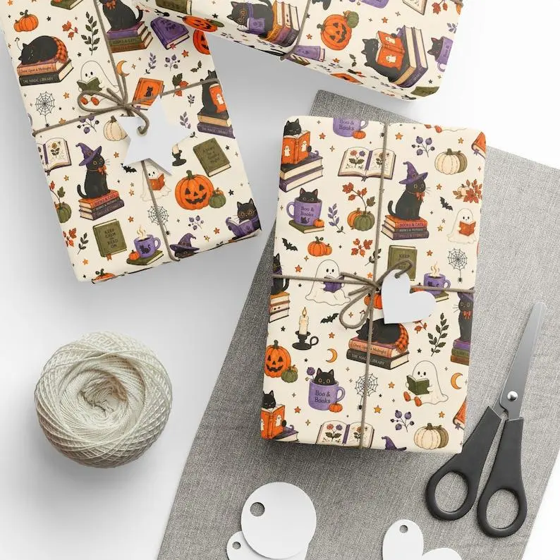 Halloween Book Lover Wrapping Paper, Cozy Reading Cat Gift Wrap