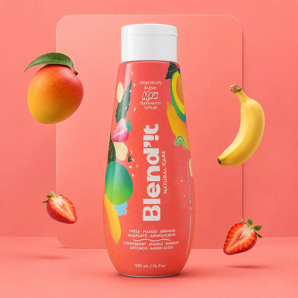 BLEND IT Fresh Fruits Blend Hair Mask, Avocado, Strawberry, Mango & Banana Extracts with Amino Acids, 500 ml / 16.9 oz, Deep Moisture & Frizz Control for Dry Hair
