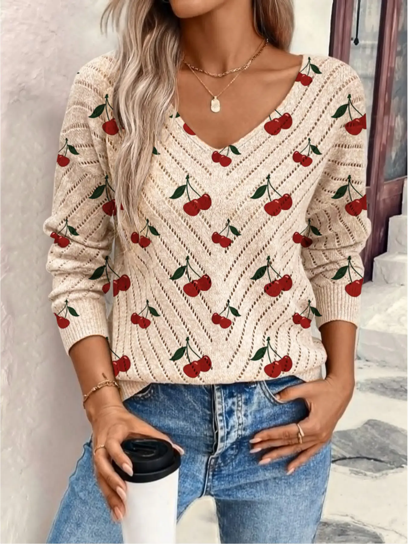 Women's Cherry Print Long Sleeve Knit Top, Casual Elegant Vacation Style Sweater, Loose V Neck, Comfortable Warm, Fall & Winter, Knitwear, Comfy Knitting Top