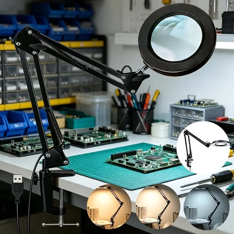 One Studio Magnifying Lamp, Dimmable Lamp, with 3-color Dimming Function, 10x Magnification, 270° Rotating Arm, The Lamp Head Suspension Arm Has a Clampable Design, Suitable for Photography Studio Maintenance, Reading, Drawing, Industrial Office