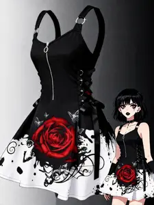Gothic Casual Large Flower Print Floral Dress, Youthful Fashion Streetwear, Music Festival, Slim Fit Tie Waist, Zipper Opening, Ink Splash Design, Womenswear