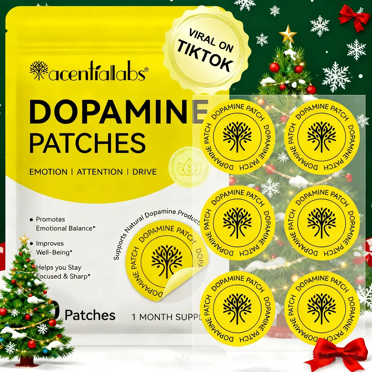 Acential Labs Dopamine Patch, Natural Mood & Focus Enhancer, Mucuna Pruriens Extract 12mg, 5-Htp 5mg, Lion's Mane 4.5mg, Rhodiola 3.5mg
