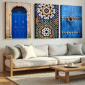 3-Piece Wooden Frame Canvas Prints Set - Moroccan Door Blue City Arabic Architecture Art, Fashion Wall Decor for Living Room, Bedroom, Ideal Hanging Gift Ornaments, Frame Set Prints