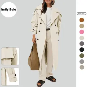 Imily Bela Womens Oversized Long Trench Coat Double Breasted Lapel Windproof Overcoat with Belt SpringStatements