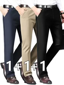 3-Pack Men's Business Casual Suit Pants, Polyester, High Elasticity, Wrinkle-Resistant, Breathable, All Seasons, Slim Fit, Ankle Length, Zipper Fly