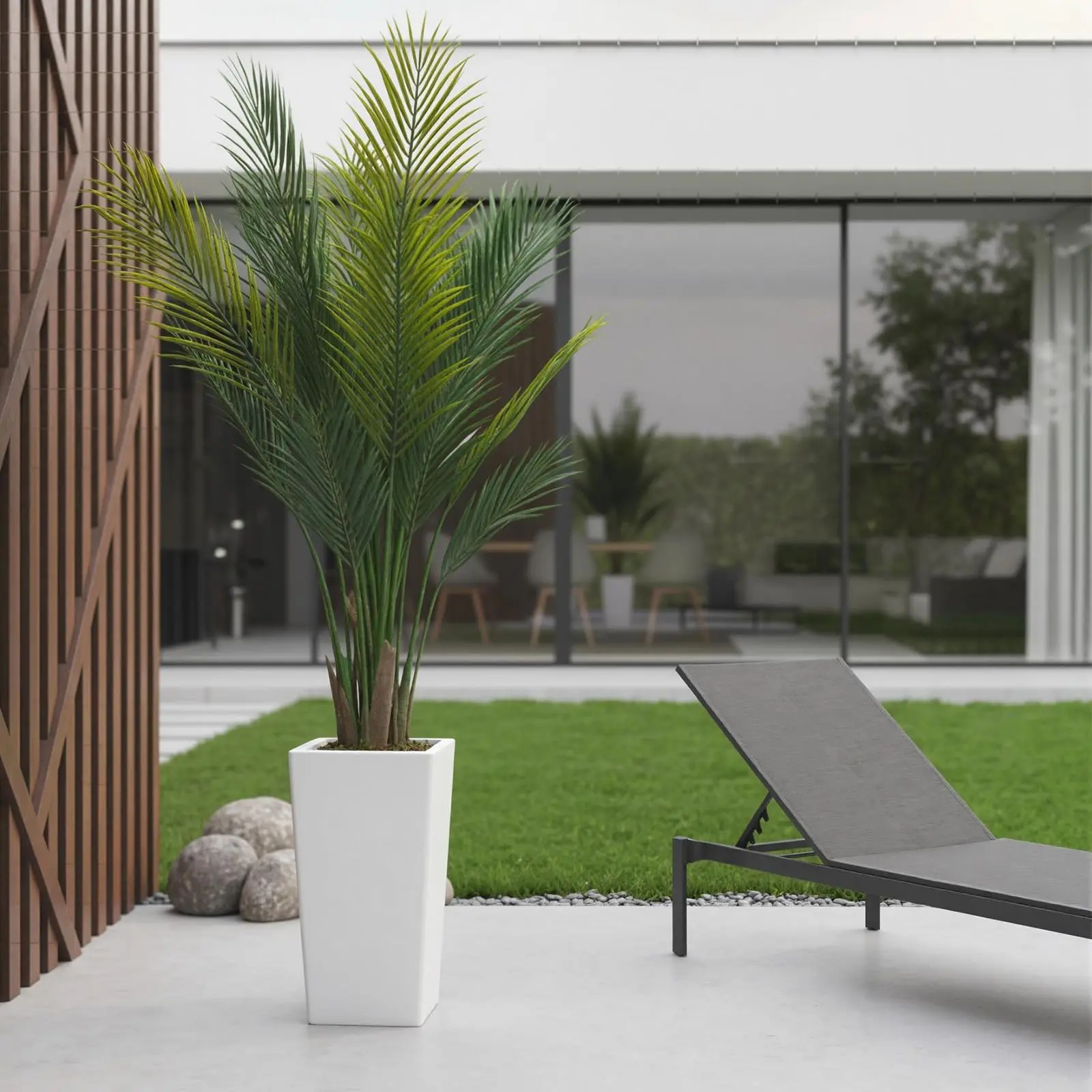 Garvee 5-Foot Artificial Palm Tree with Realistic Tropical Leaves, UV-Resistant, High White Pot, Maintenance-Free for Indoor and Outdoor Use, Perfect Floor Plant for Patio