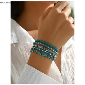 5 Pcs Western Cowboy Style Vintage Stackable Beaded Bracelet Set | Upgraded Heavy-Duty Elastic String, Unisex Boho Turquoise Wood Bead Jewelry for Festival Everyday Wear