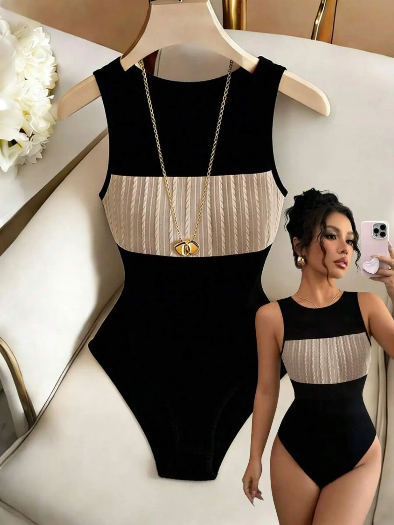 Summer Knitted Sleeveless Round-Neck Colorblock Patchwork Fitted Bodysuit Top, Casual Yet Elegant Aesthetic Vacation and Party Womenswear