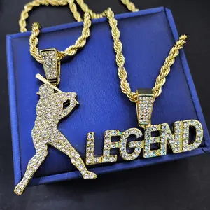 MaxBling81 Gold-Plated Cubic Zirconia Baseball Legend Drop Necklace, 24" Rope Chain, Hip Hop Style Costume Fashion Jewelry Accessory
