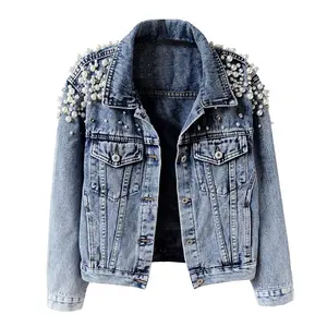 Talakeno Women's Loose Embroidered Pearls Beading Cropped Denim Jacket Jean Coat with Collared Neck Long Sleeve Fitted Casual Outerwear Button Down Closure Blue Elegant Light Oversized Pockets School Style