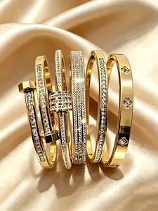 5 Piece Vintage Fashion Stainless Steel Bangle Set, 18k Gold Plated, Elegant Versatile Style, Suitable for Men and Women, Daily Wear, Elegant Jewelry Bracelet, Beautiful Bracelets