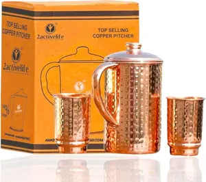 2activelife Handmade Hammered Design Copper Water Pitcher with 2 Tumblers Traditional Copper Pitcher for Drinking and Serving Water in Daily Use Top Selling Copper Pitcher