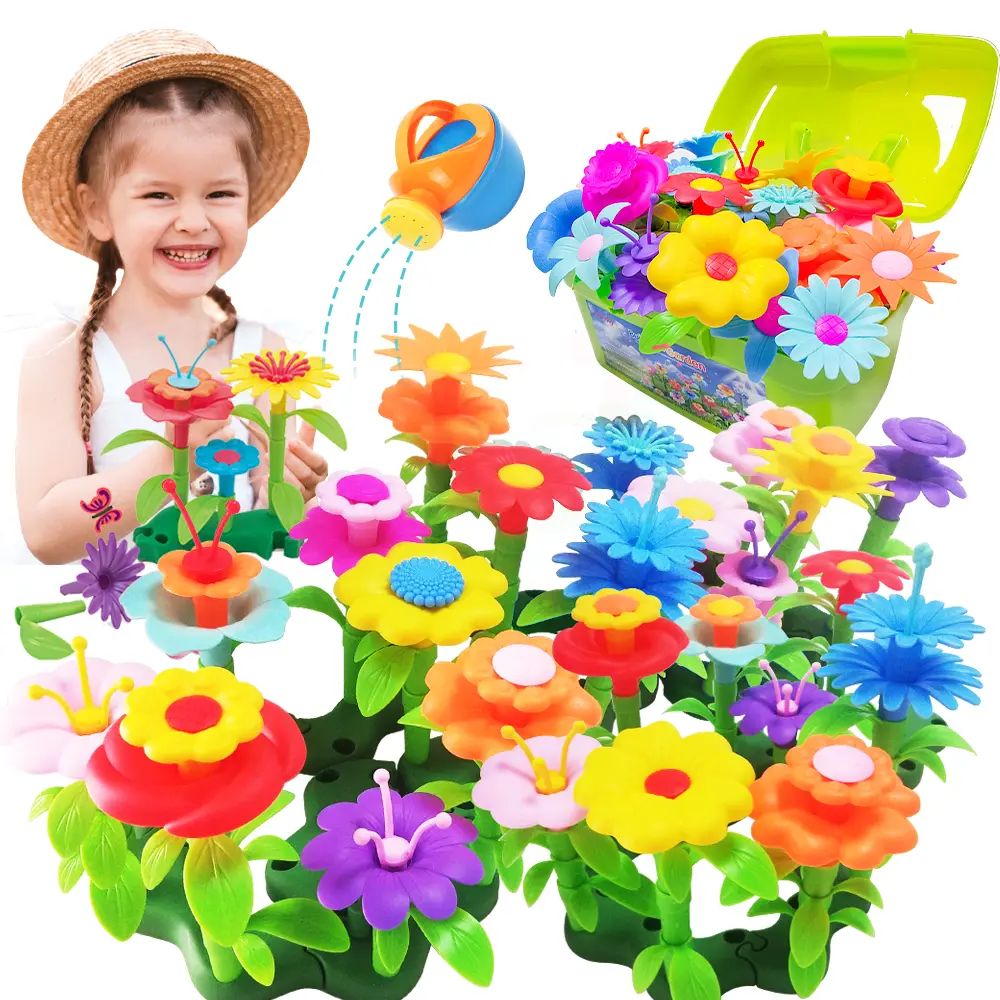 Flower Garden Building Toys, 130 PCS Flower Pretend Gardening Gift for Kids, Floral Arrangement Playset for Age 3-7 Year Old Child Educational Activity