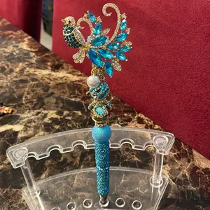 Elegant Blue & Gold Bird Beaded Pen w/ Pearl Dangle | Refillable Rhinestone Custom Pen
