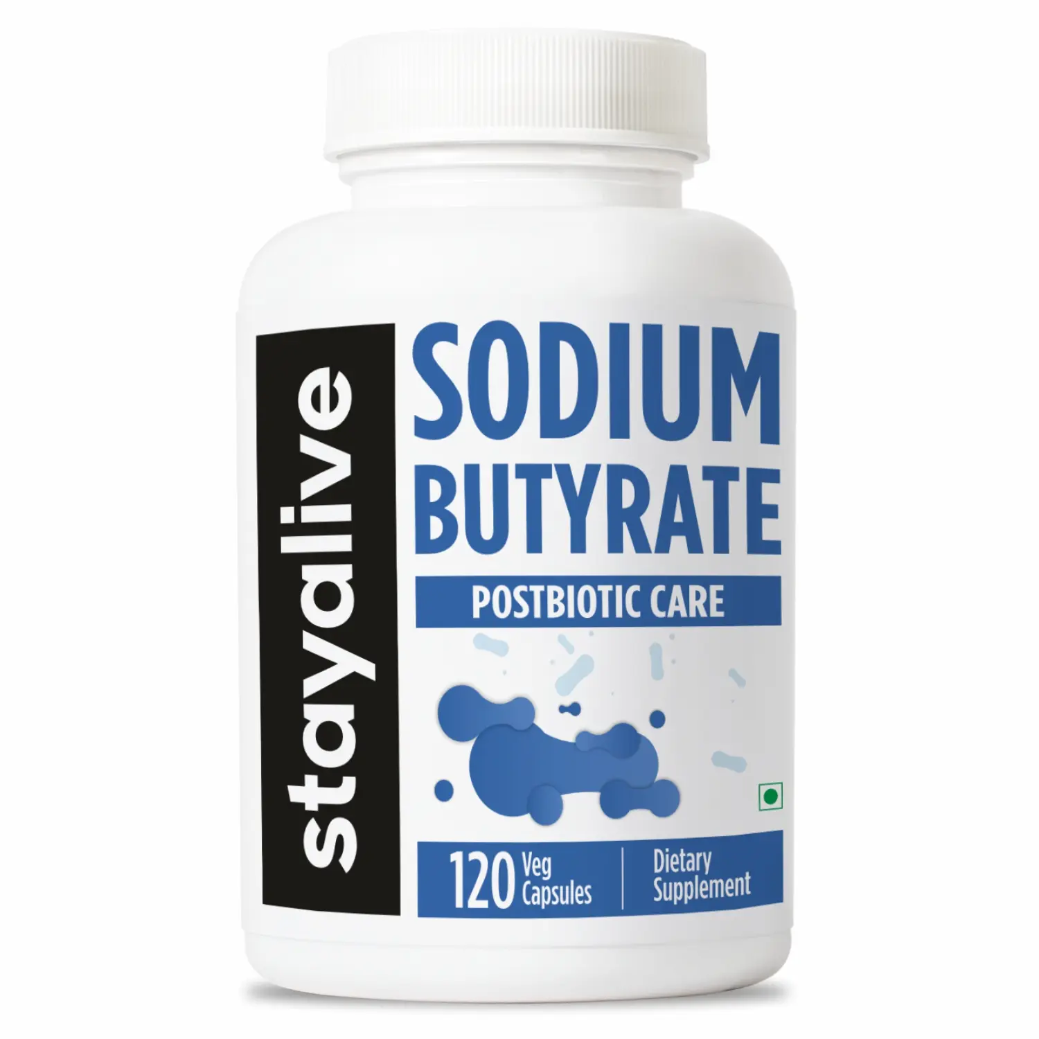 STAY ALIVE Sodium Butyrate Supplement 1200mg, Pure Butyric Acid Postbiotic, 120 Count, 2 Month Supply, Non-GMO & Gluten-Free Capsules for Men & Women