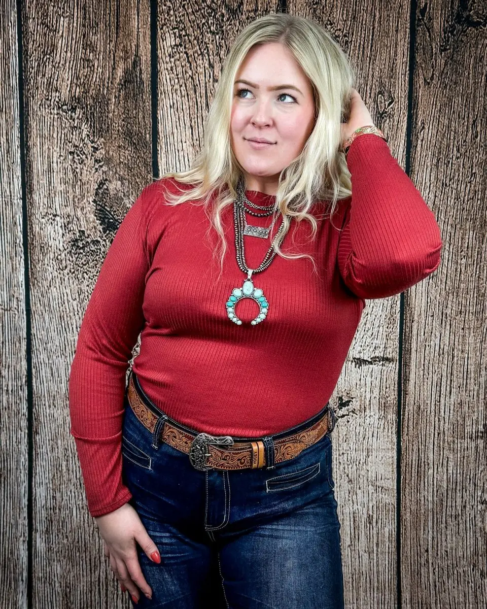 Marin Ribbed Round Hem Top in Teracotta by Lucky and Blessed