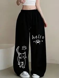 Women's "Hello" Cat Wide Leg Sweatpants | Cute Cat Paw Print Adjustable Drawstring Oversized Casual Pants