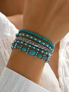 Western cowboy style retro Turquoise imitation bracelet set, 5 pieces of elastic cord jewelry, suitable for everyday wear, vacation dates, and other occasions, and also makes a delightful and exquisite small gift.