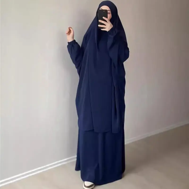 Women's Solid Long-Sleeve Abaya-Hijab 2-Piece Set, Islamic Modesty Clothes, Loose Full-Length Muslim Clothing, Abaya Dress Set for Daily Wear (1 Size)
