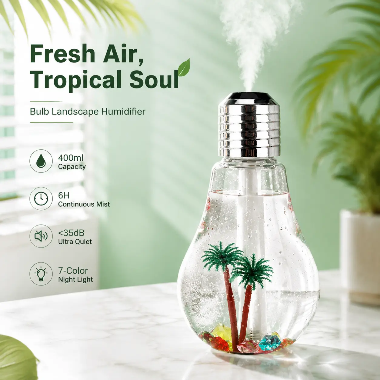 400ml Aroma Diffuser Humidifier - 7-Color Auto-Changing Mood Light, Decorative PET Insert, 6H Quiet Mist, Aromatherapy Essential Oil Diffuser for Home Office, 3s Hold Light Auto-Cycle Control, 1-Press Mist Control