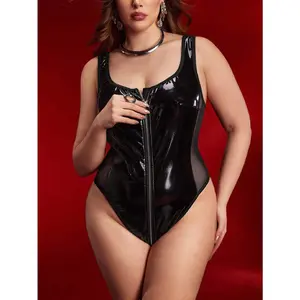 Empress Envy Plus Size Sexy Shiny PU Zipper Mesh Patchwork Jumpsuit, Charming, Elegant, Suitable For Masquerade Ball, Bar Party, Club Outfit, Lingerie
