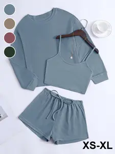Women's Waffle Knit Cami Set, Womenswear, Long Sleeve Round Neck Top & Drawstring Shorts, Casual Fall Winter Home Wear, Loose Fit