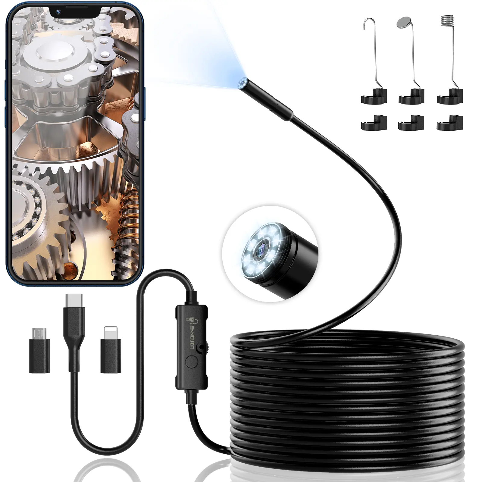 1920P HD Semi-Rigid Snake Dual-Lens Endoscope Camera, IP67 Waterproof Car Repair Diagnostic Tool with 8 Adjustable LED Lights, 16.4ft Inspection Borescope for iOS and Android