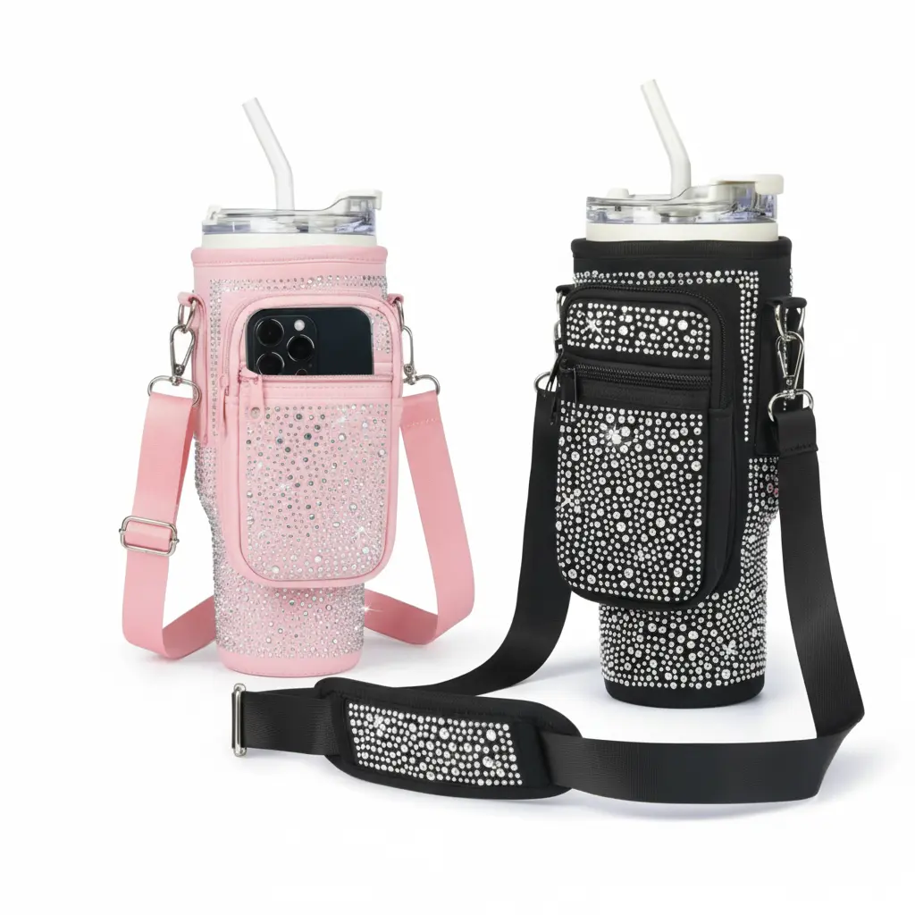 40oz Bling Rhinestone Sports Water Bottle with Insulated Beverage Holder, Crossbody Linen Carrier Pouch - Adjustable Strap, Zipper Phone Pocket, Sporty Chic Drinkware for Summer Use travelessentials