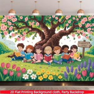 Children's Day Classroom Background Banner - Children Reading Books Under Flower Trees, Durable Polyester Background Fabric, Suitable for Schools, Libraries, Birthday Parties, Home Decor - Spring Themed Decor - Educational Party Decor, Classroom Decor