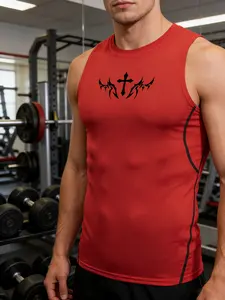 Y2K Men's Sleeveless Compression Shirt Gothic Cross Print Quick Dry Tank Top Gym Workout Running Fitness Training Summer Vest Baselayer