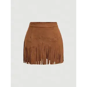 Women’s vintage hippie black suede A-line skirt with fringe and studs; autumn skirt; Nashville outfits; pirate-style women’s fabric skirt