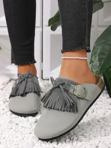 Women's Summer Outdoor Casual Shoes, Thick Sole Anti-Slip Lightweight Slip-On Round Toe Flannel Slippers, Fashion Vacation Flat Mules, Non Slip Clogs