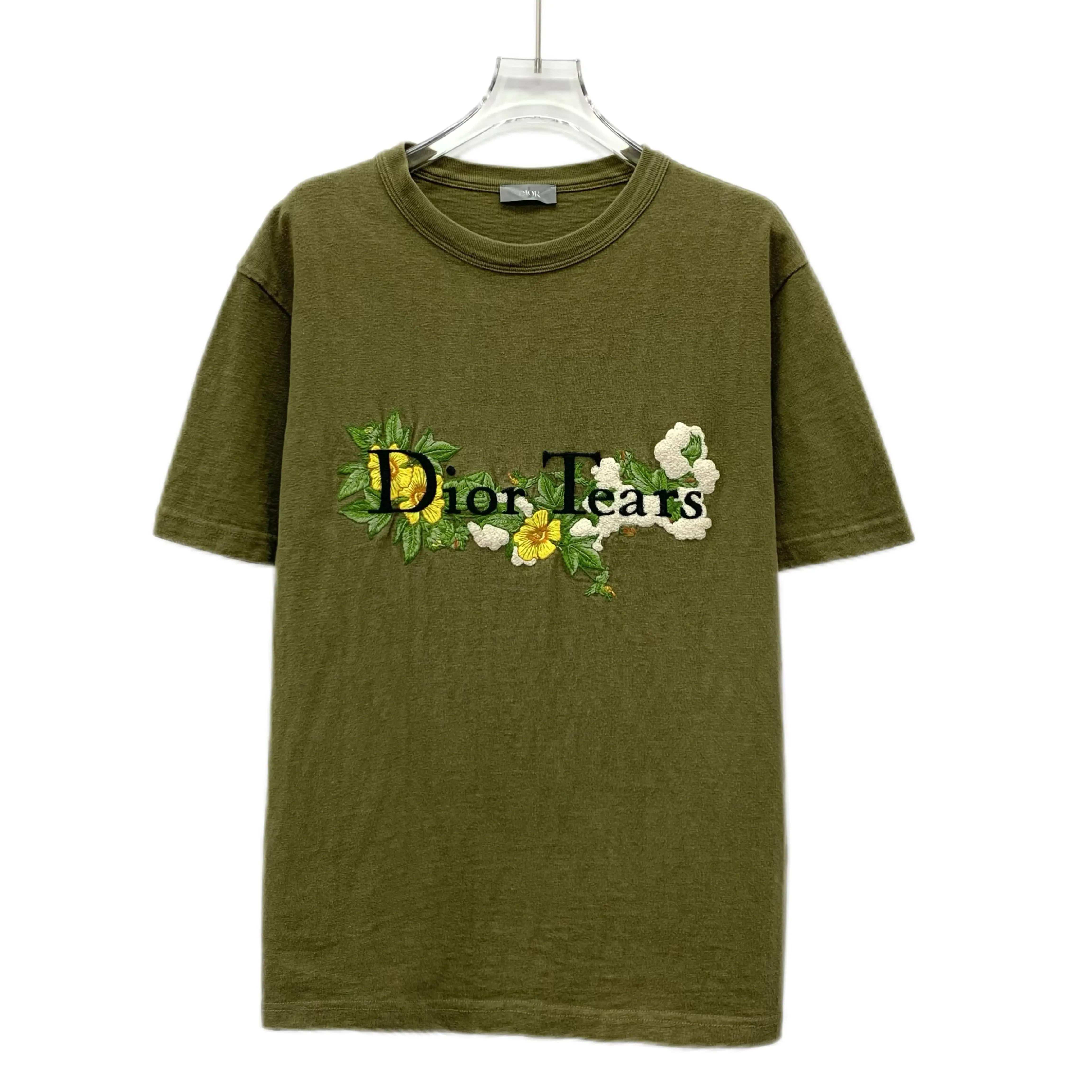RDLT- Dior Olive Green Floral Embroidered Cotton Crewneck T-Shirt Size XS