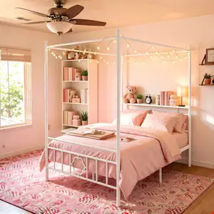 Raybee Canopy Bed Frame with Storage Headboard, NO CURTAINS,Four-Leaf Clover Design, Dual Purpose Queen/Full/Twin Size Bed Frame with 4 Removable Posts, Sturdy Metal Platform with Under-Bed Storage, No Box Spring Needed, White, Black