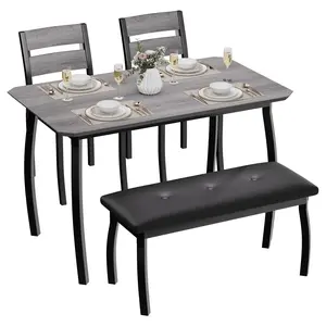 Garvee 4-piece kitchen table set, dining table with 2 chairs & padded benches for small spaces, rectangular dining table made of metal and wood for 4, ideal for dining room & apartment, gray