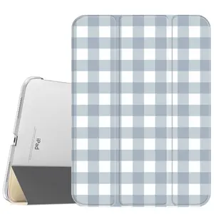 Gray and Blue Plaid Tablet Casing, Slim Stand Cover with Soft Translucent Frosted Back, Pencil Holder, Magnetic Closure, Leather Accents, Compatible with iPad A16 2025, Air 6, Mini 6, Samsung Galaxy Tab S9 Tablet Accessories