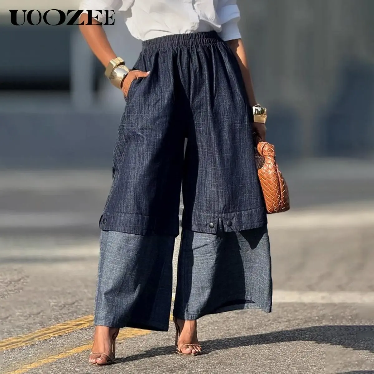 UOOZEE Women's Streetwear Jeans, Casual Wide-Leg Loose Fit with Contrast Color, Elastic Waist and Pockets, Soft Cotton Viscose Blend, Women's Clothes, Hand Wash, Colorblock, Trouser, Beads, Valentines Day, Baggy Wide Leg Jeans, Oversized